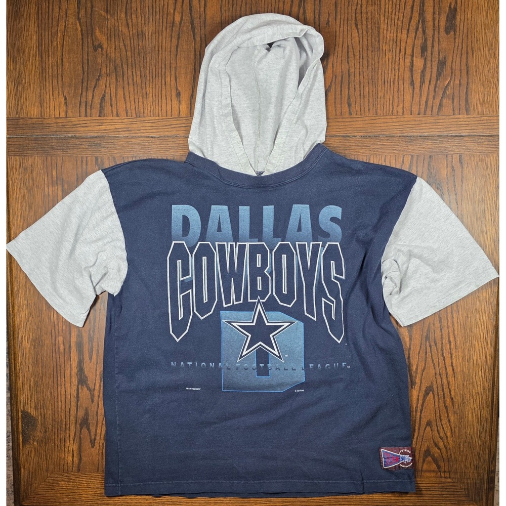Vintage 1992 Dallas Cowboys Jostens NFL Hooded T-Shirt Mens Navy Blue Gray 90s
